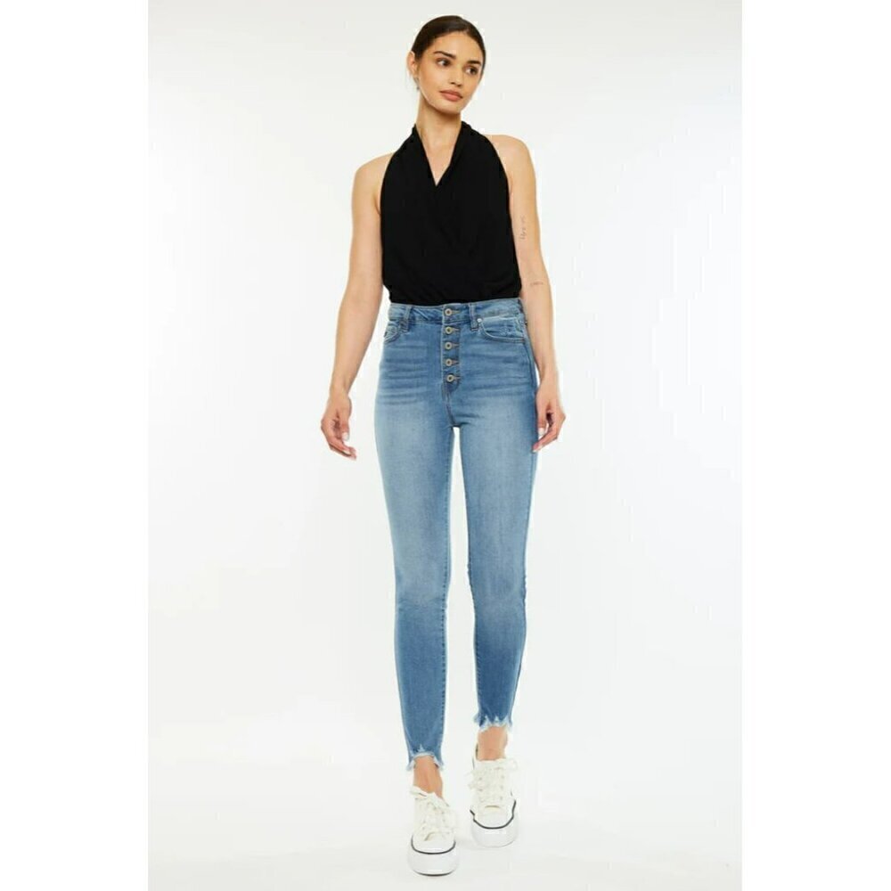 Kan Can Women's High Rise Button Fly Distressed Super Skinny Jeans 7273m 3/25